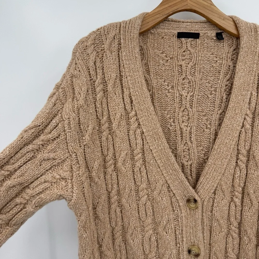 ATM Chunky Cable Knit Melillo Wool & Cotton Blend V-Neck Cardigan Sweater Size M